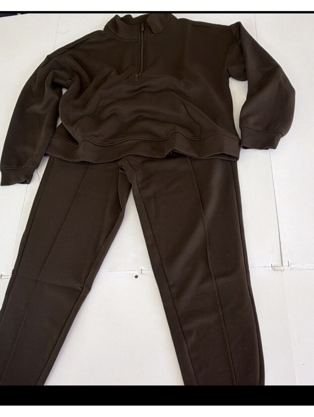 Women's Brown 2-Piece Half-Zip Mock Neck Sweatshirt Jogger Pants Set Pockets LG